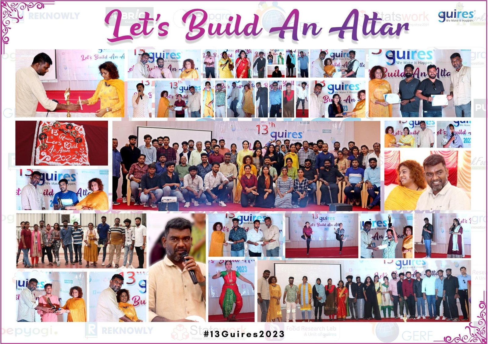 Let's Build An Altar collage from the Guires 13th anniversary: lamp lighting, awards, classical dance and team photo