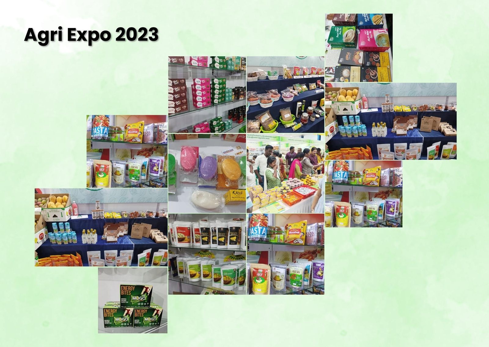Agri Expo 2023 collage: millet, moringa and banana-based value-added food products from FPOs on display