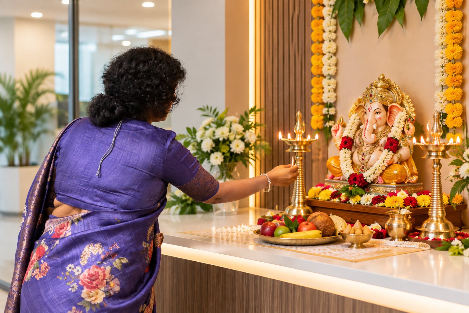Lamp lighting before a garlanded Lord Vinayagar idol decorated with marigolds, fruits and brass lamps at the Guires office