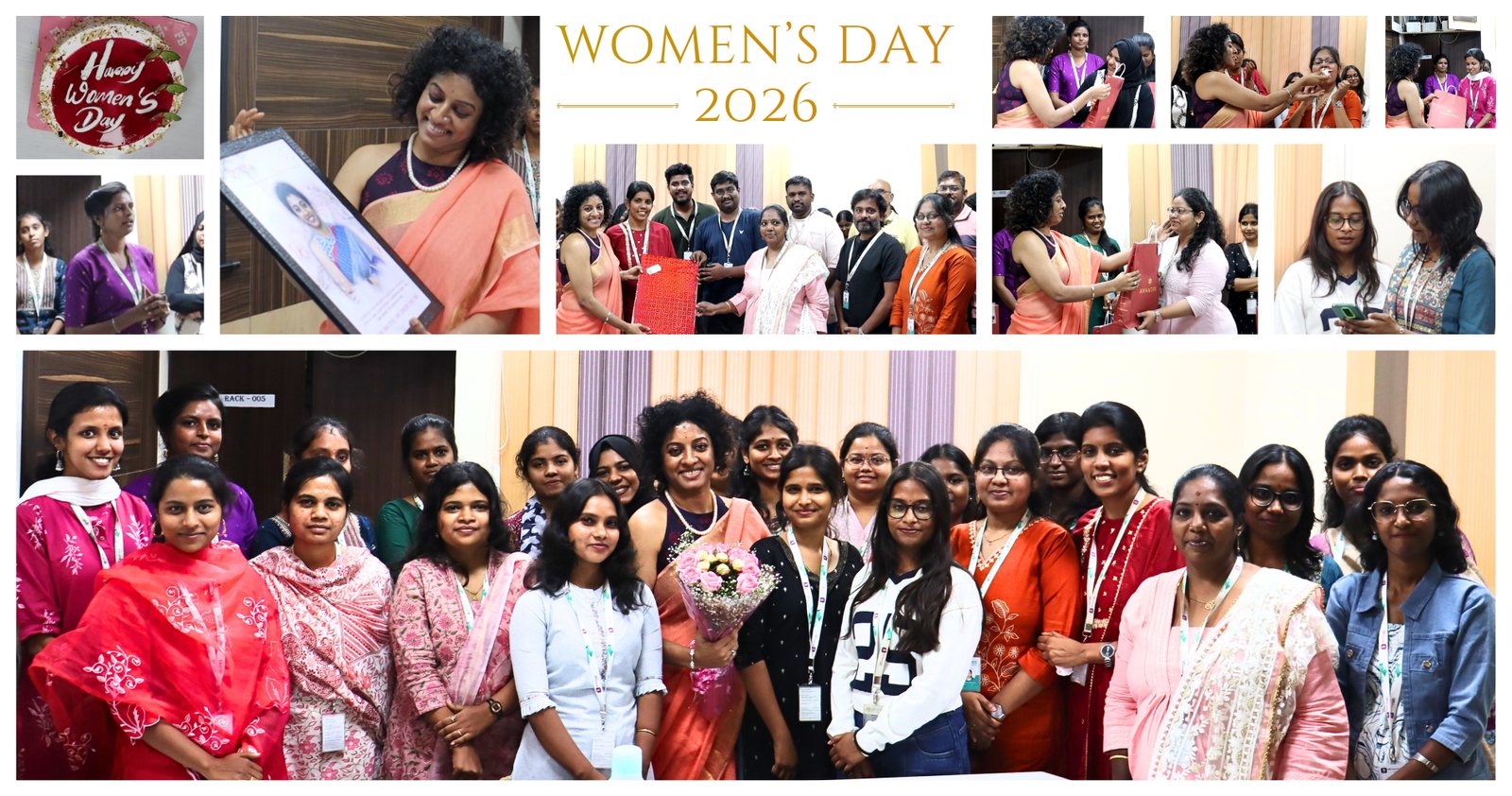 Women's Day 2026 at Guires: CEO Dr Radhika Ganesan with women colleagues, gifts, cake and group photo